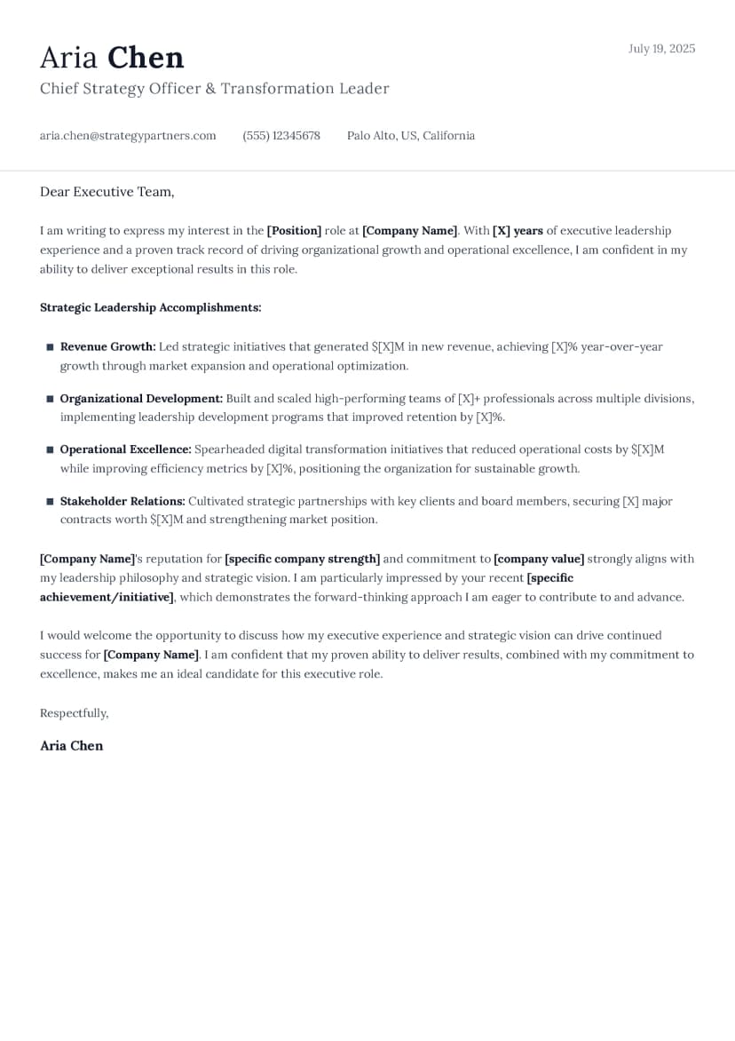 Aurora Northern Lights cover letter template - executive presence design with refined elegance and strategic color accents