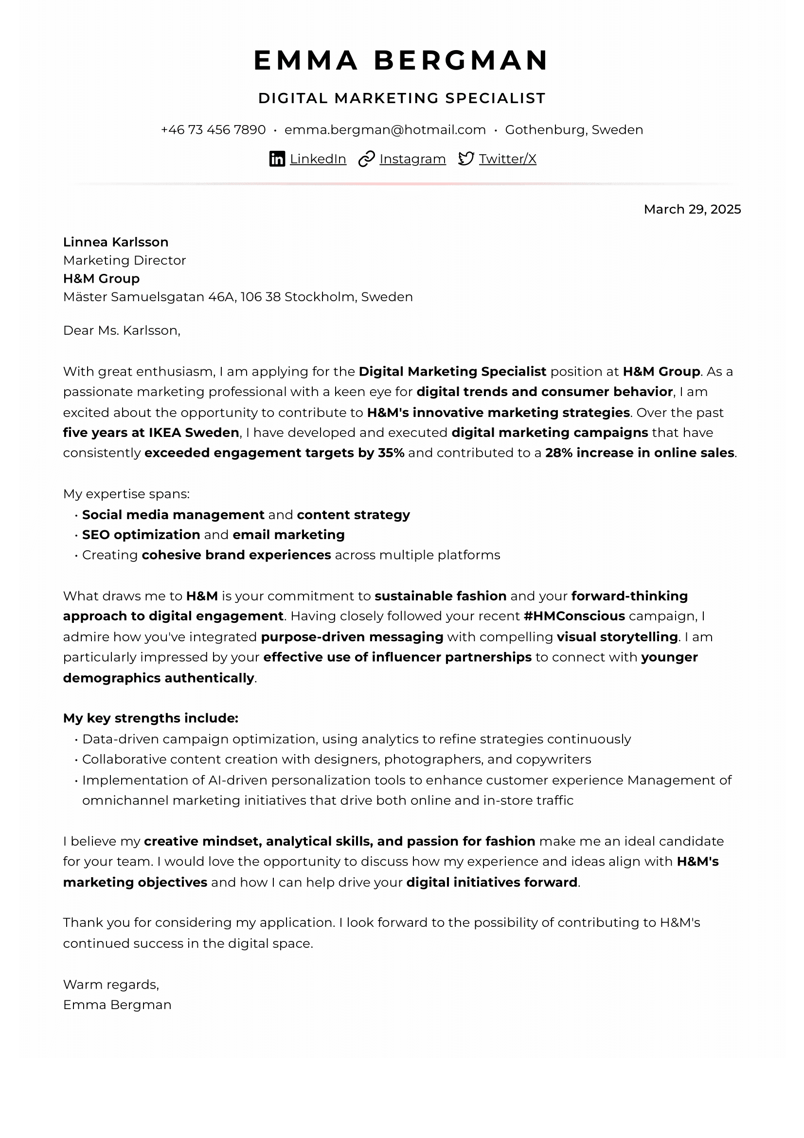 Pärla cover letter template preview