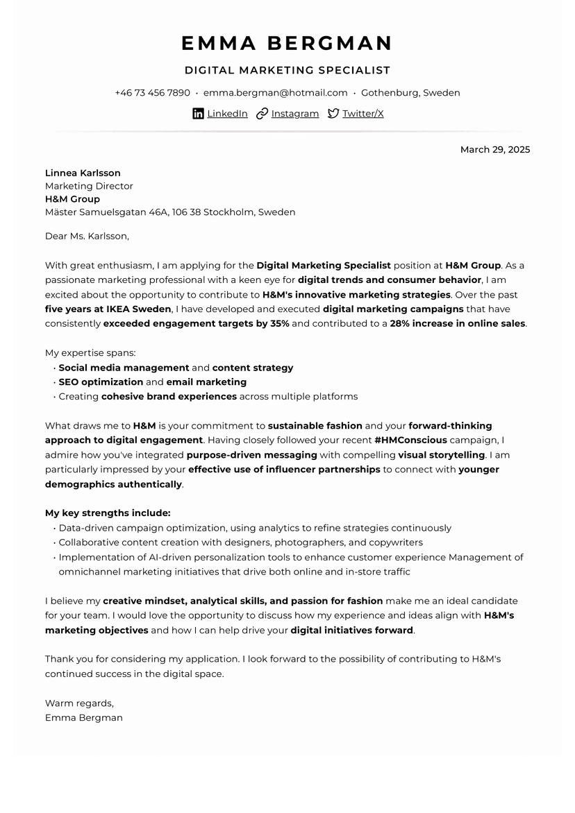 Pärla Pearl cover letter template - elegant and sophisticated professional design with refined typography