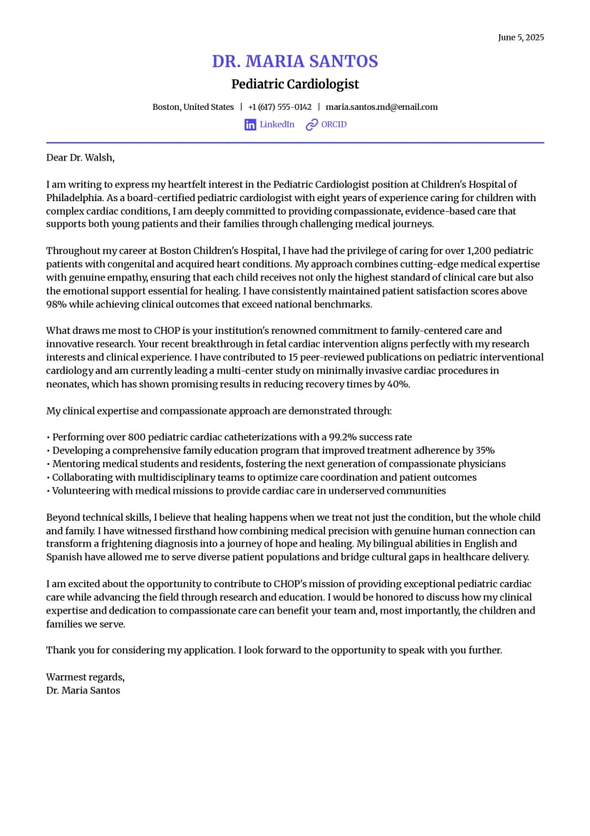 Hjärta Heart cover letter template - balanced healthcare design combining medical precision with human warmth