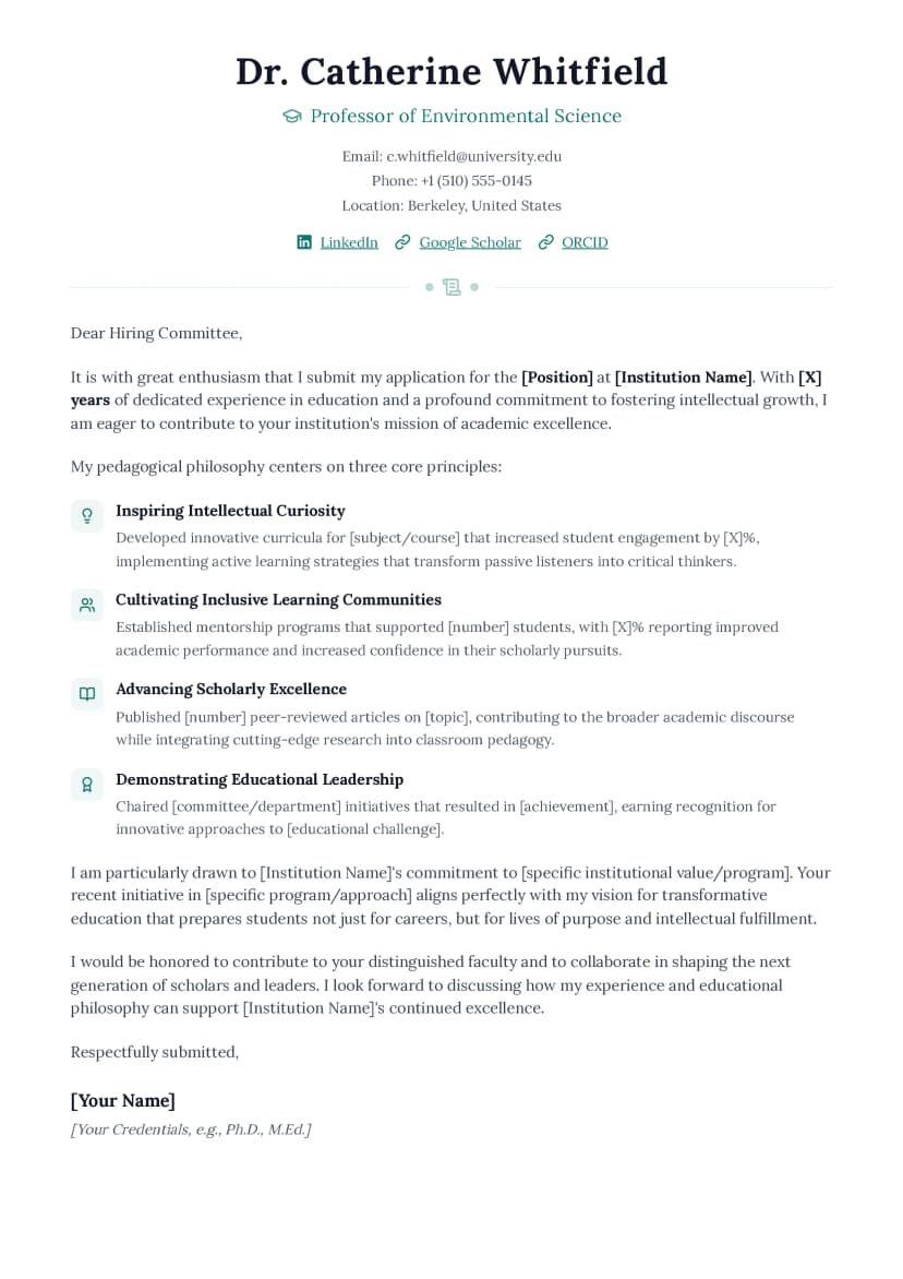 Kunskap Knowledge cover letter template - academic design with scholarly elegance for educators and researchers