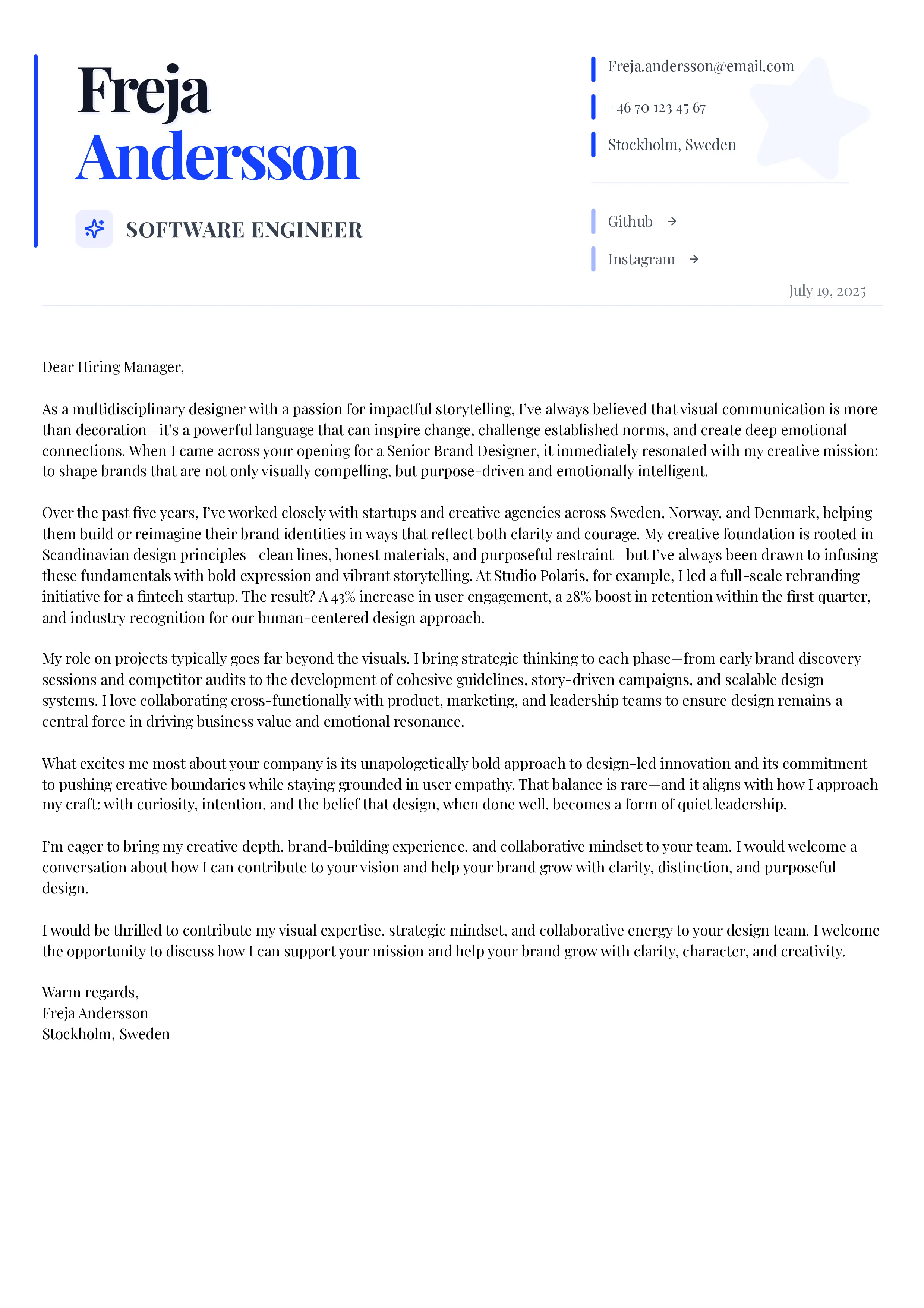 Stjärna cover letter template preview
