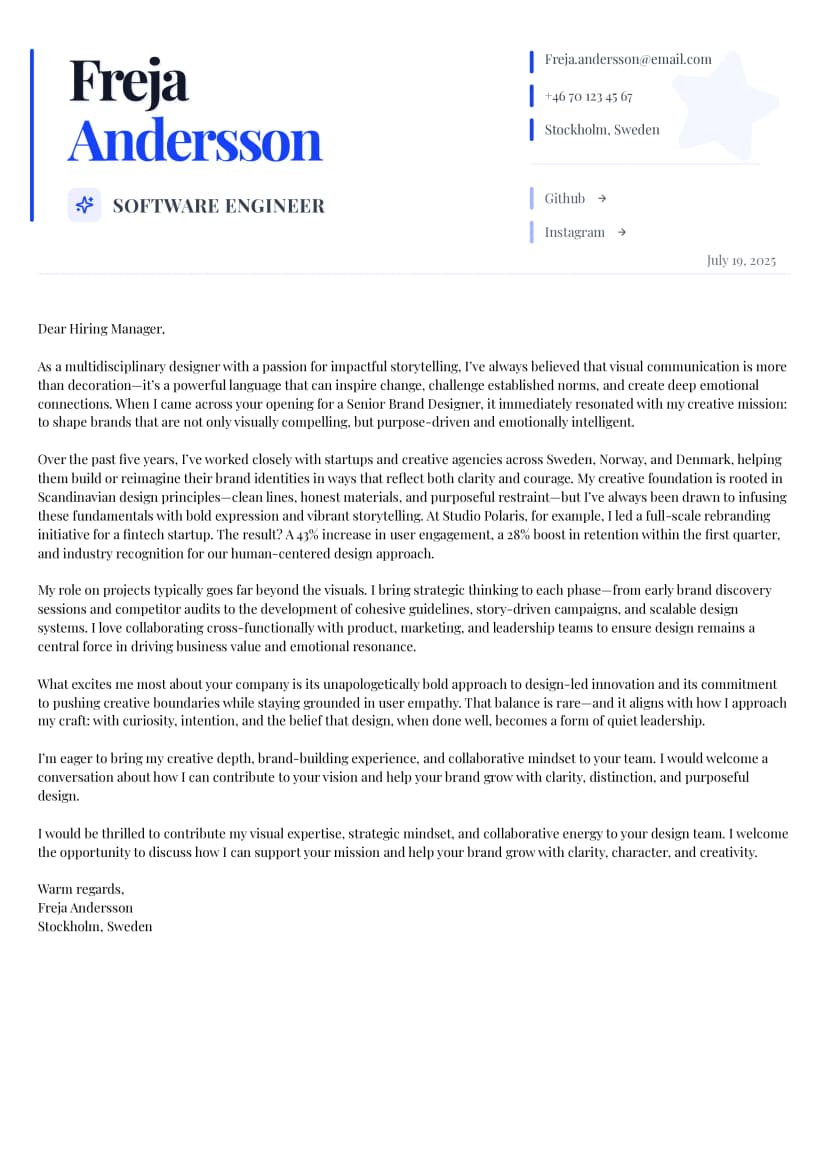 Stjärna Star cover letter template - bold creative design with asymmetrical layouts for standout applications