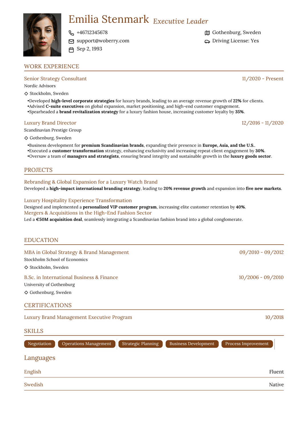 Avenyn Avenue resume template - sophisticated cultural design inspired by Gothenburg's grand boulevard with elegant professional layout