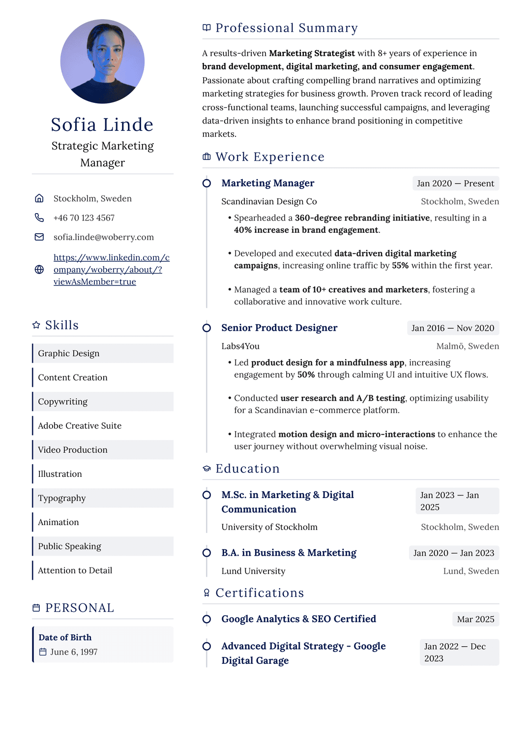 Haga Historical resume template - traditional established professional design inspired by Gothenburg's charming cobblestone district