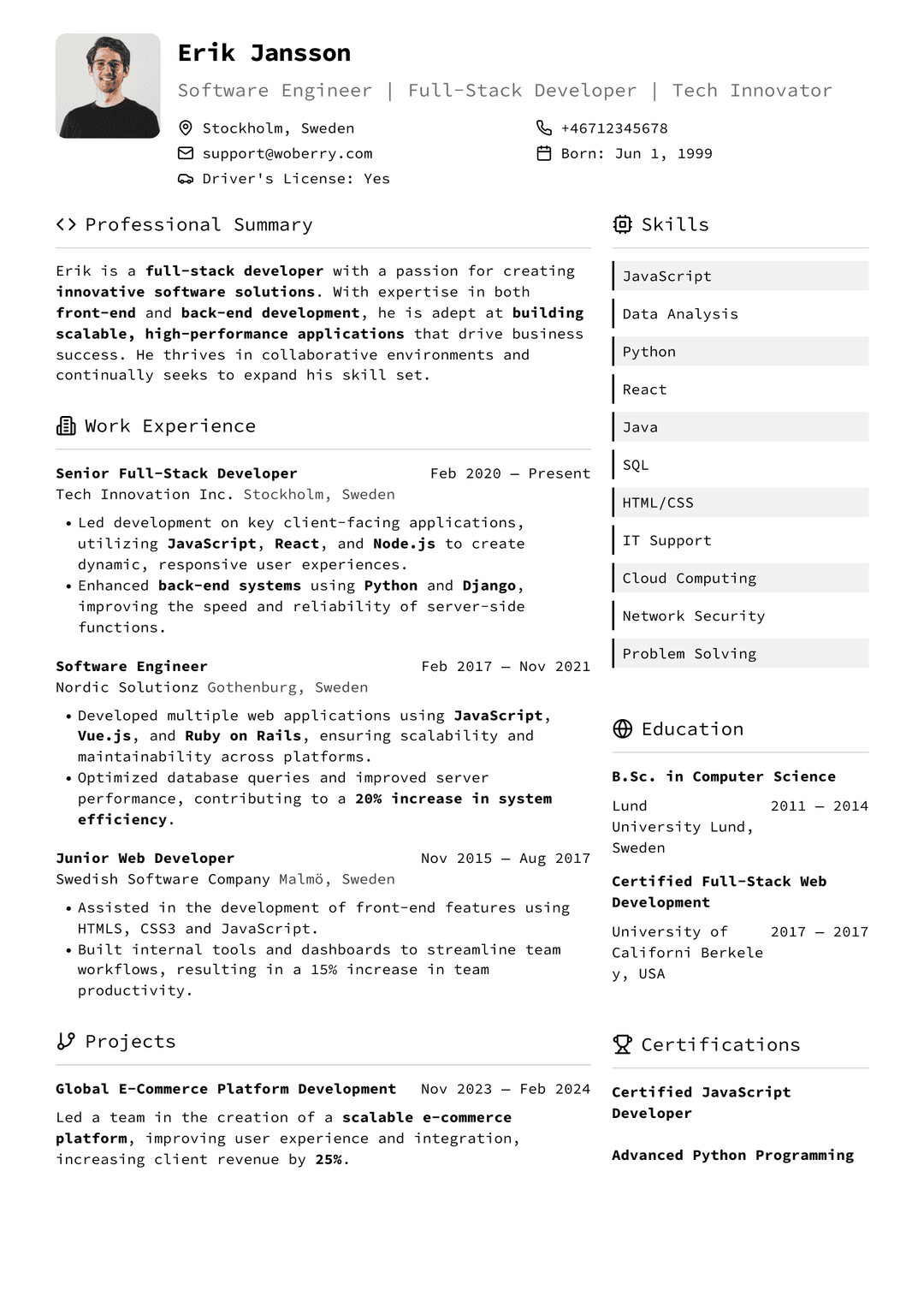 Kodare Coder resume template - tech-focused professional design perfect for developers, programmers, and software engineers