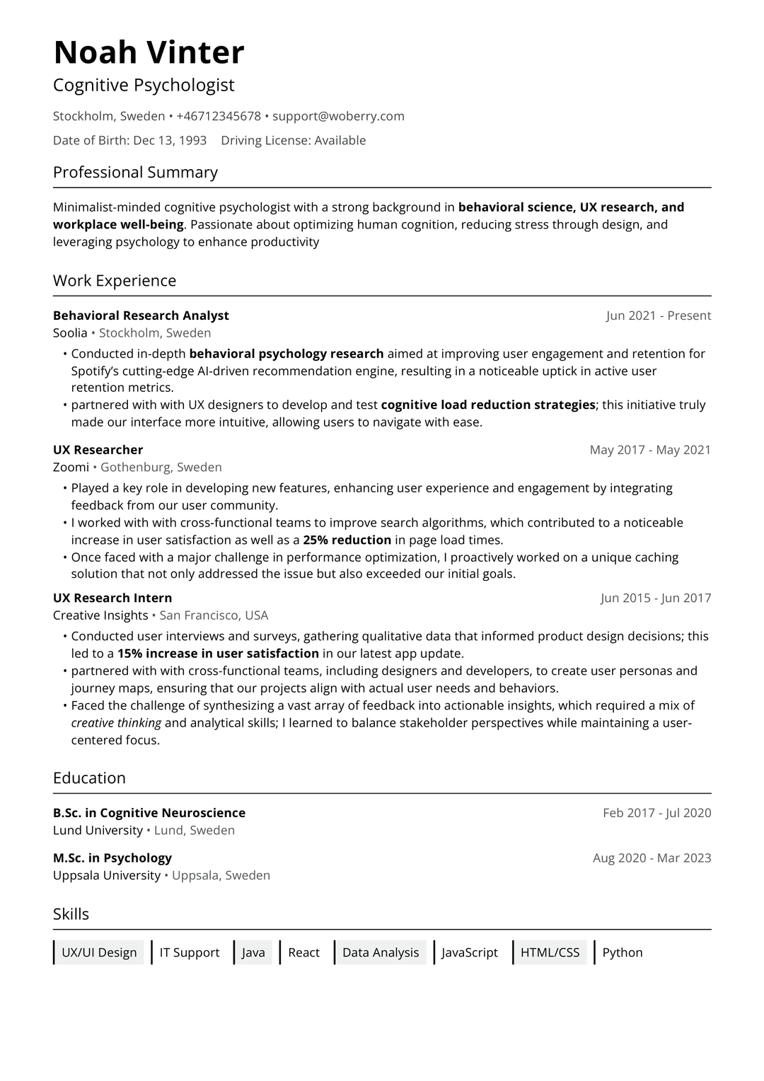 Ren Clean resume template - minimalist professional design with pure typography and timeless layout