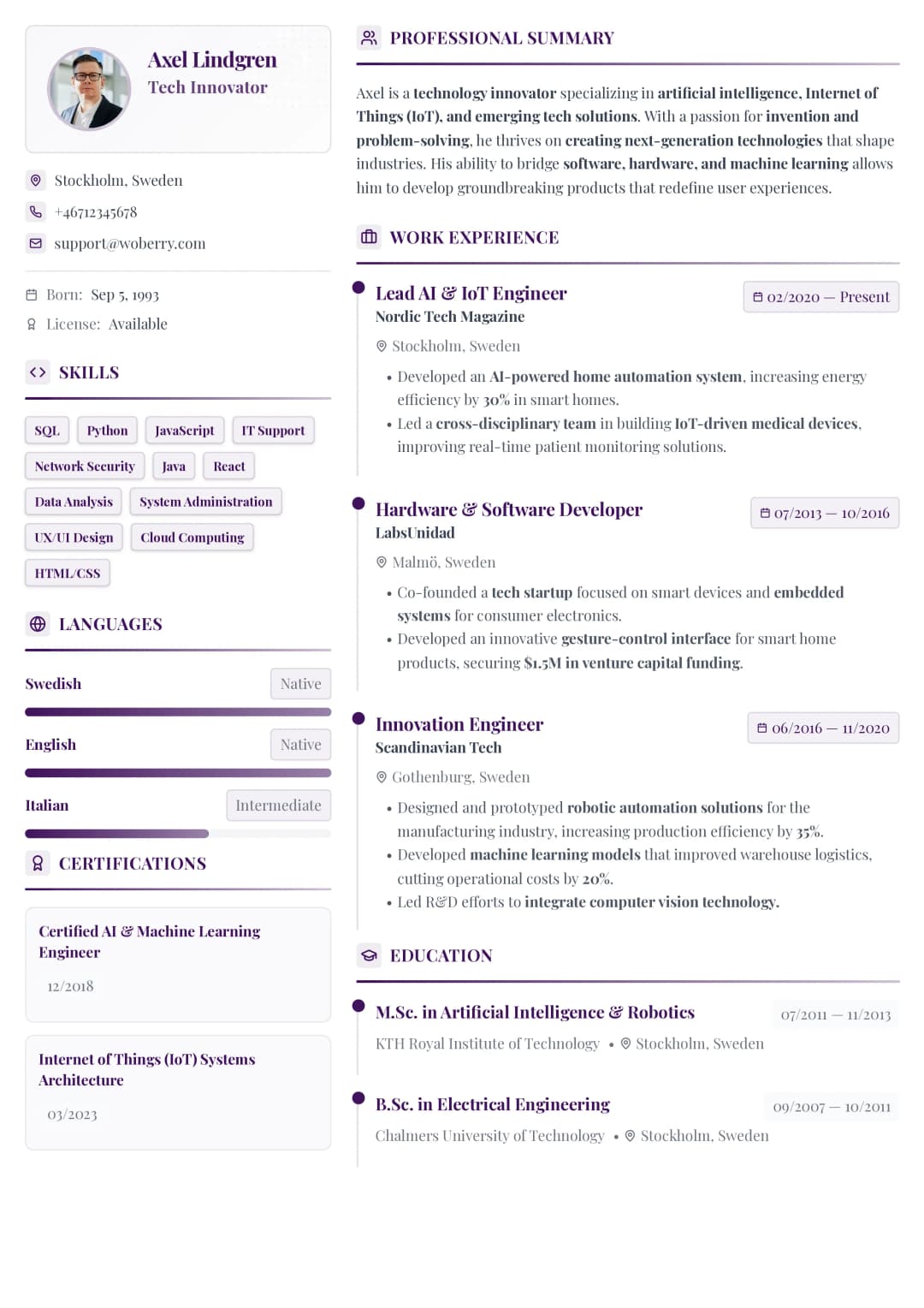 Uppfinning Invention resume template - innovation-focused design for creative tech professionals and inventors