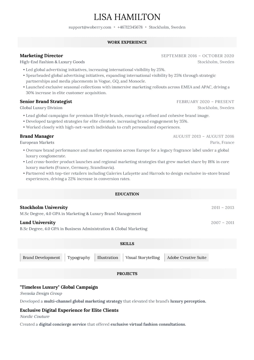 Pärla Pearl resume template - elegant and sophisticated professional design with refined typography and subtle design elements